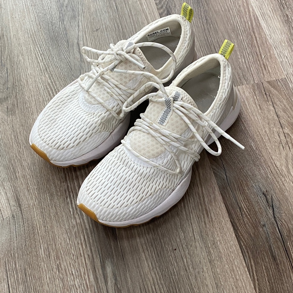 Sorel Cream Knit Sneakers with Yellow Pull Tabs